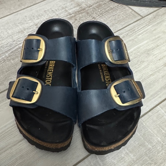 Birkenstock Shoes - Birkenstock Dark Blue Sandals with Brass Buckles